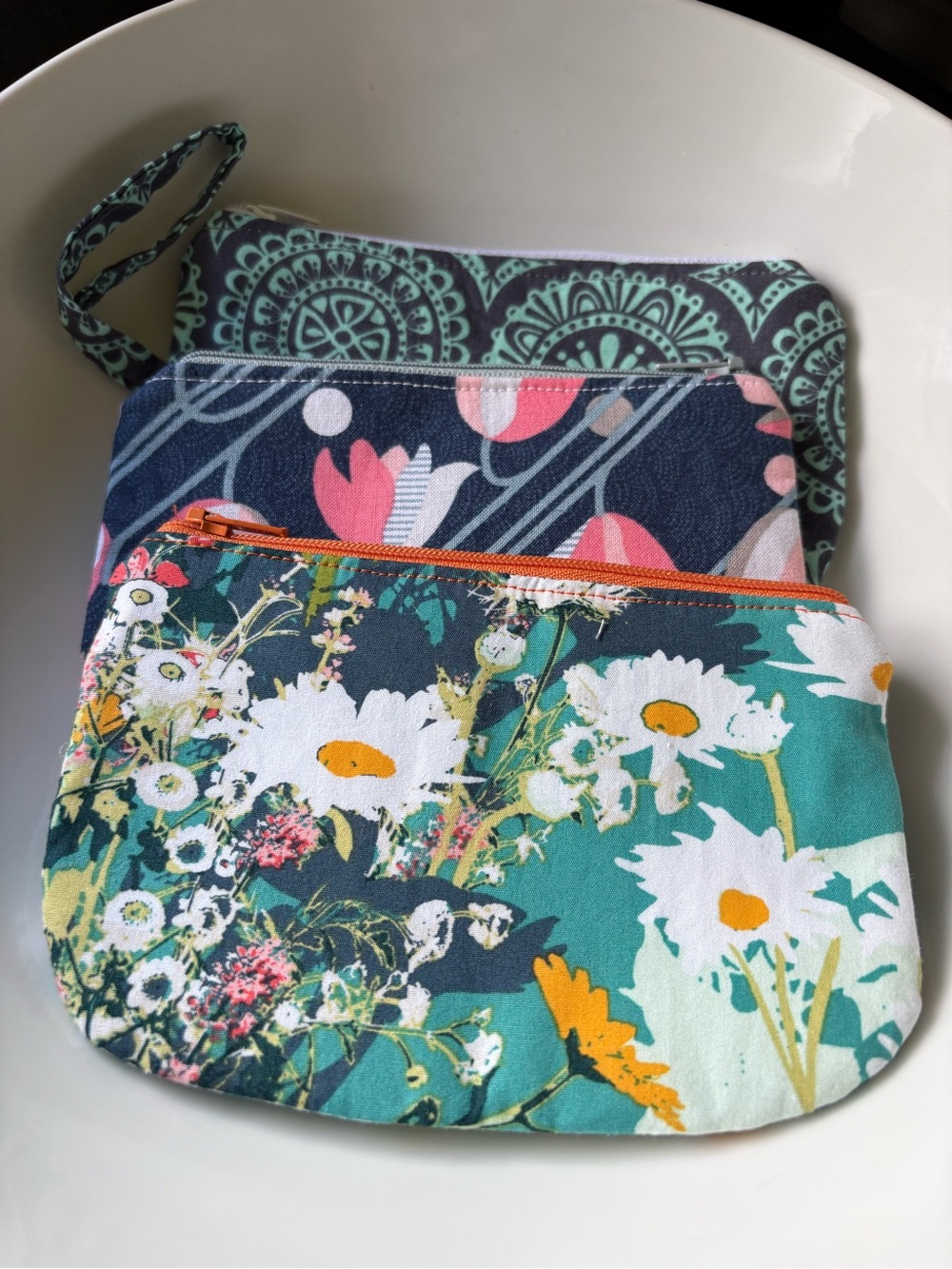 Floral Teal & Navy Zip Pouch Trio - Cosmetic Bag Set